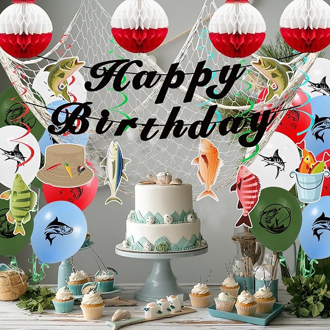 Gone Fishing Party Decorations Kit Include Hanging Banner Swirl Balloons (Happy Birthday)