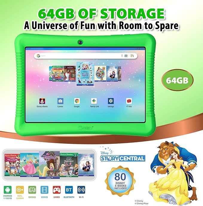 Contixo K102 10" Android Tablet and KW1 Kids Smartwatch - 32GB, Includes 80+ Disney Storybooks, Educational Watch with Games, Camera, Music Player, Alarm, Customizable Wallpaper, Green