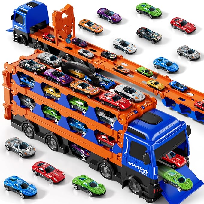 kids Catapult Railcar Toys : Toy Truck for 3 4 5 6 Years Old Kids Boys | 78-Inch Race Track Transport Vehicle & 12 Die-Cast Metal Toy Cars | Toddler Truck Car Toys Set Gifts for Age 3-12 Years Old Kid