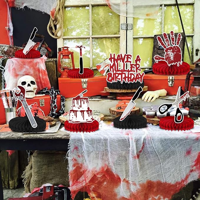 8 Pcs Have a Killer Birthday Party Decoration, Halloween Horror Theme Honeycomb Centerpieces 3D Double Sided Table Decorations for Bloody Horror Movie Birthday Party Supplies Decor