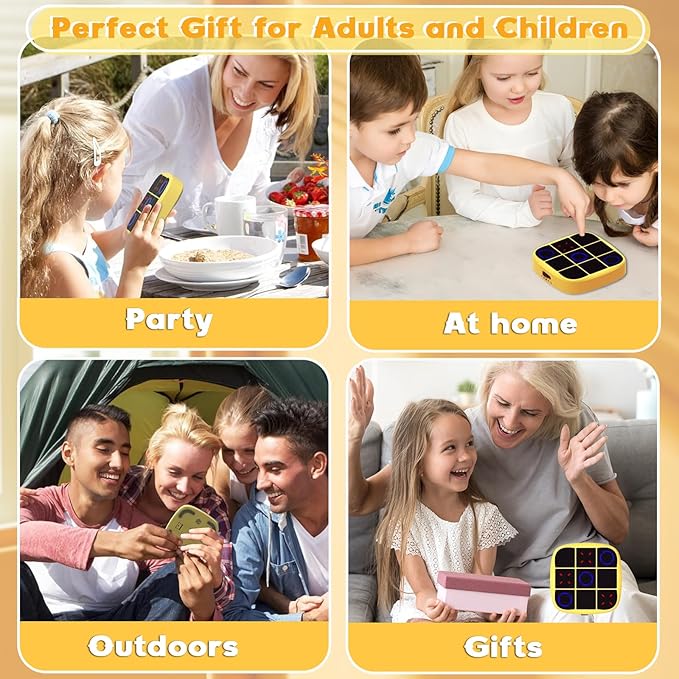 4-in-1 Electronic Tic Tac Toe Bolt Game with Mute Function, Handheld Puzzle Game Console Toys for Educational, Portable Travel Games, Board Games Gifts for Kids and Adults (Yellow)