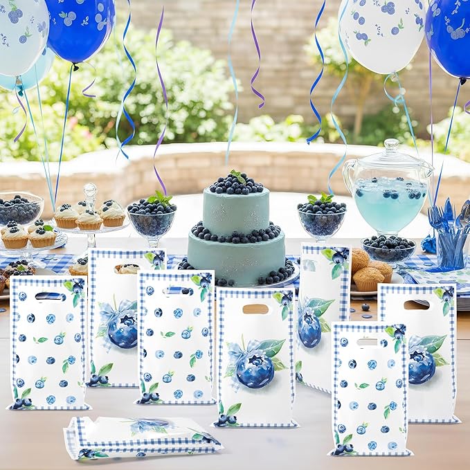 Blueberry Party Favor Bags - 50Pcs Summer Blue Berry Patterns Goody Candy Treat Bags, Sweet Fruit Themed Party Decorations for Kids Adults Birthday Baby Shower Picnic Tea Events Supplies