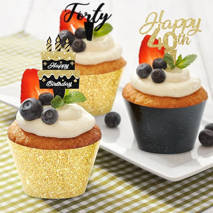 48 Pack Happy 40th Birthday Cupcake Toppers and Wrappers, Glitter Fabulous Vintage 1985 Cake Decor Cheers to 40 Year Cupcake Decorations for 40th Birthday Anniversary Party Supplies