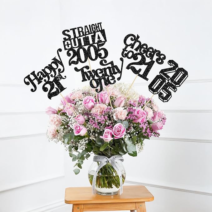Gyufise 15Pcs Happy 21st Birthday Centerpiece Sticks Twenty One Straight Outta 2005 Table Flower Centerpieces Sticks for Cheers to 21st Birthday Party Supplies Black