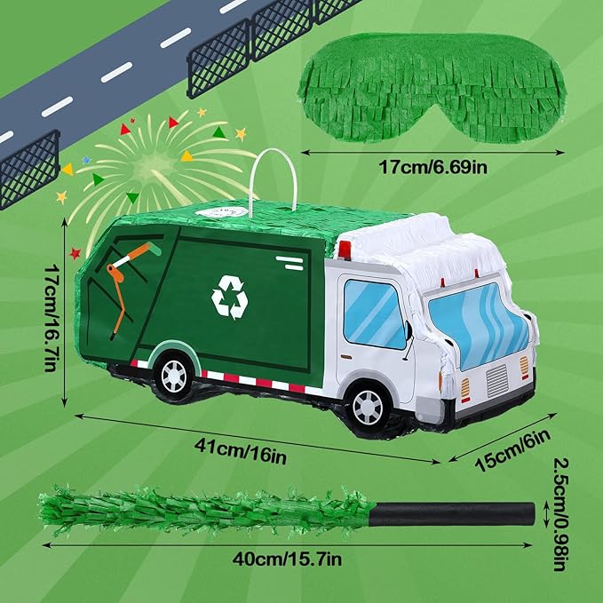 Garbage Truck Piñata 3D Trash Truck Birthday Decorations with a Blindfold and Bat for Kids Girls Boys Gift Holiday Piñata Party Baby Shower Supplies