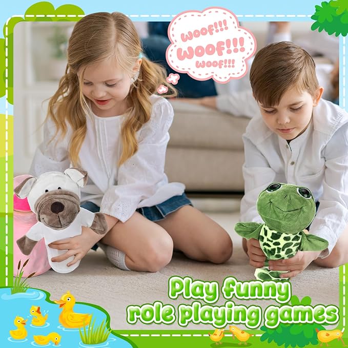 4 Pcs Hand Puppet Animal with Working Mouth 9.8 Inch Animal Puppet Soft Plush Toy for Storytelling Theater Preschool Birthday Gifts (Turtle, Rabbit, Pig, Dog)