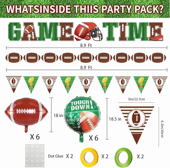 Football Theme Party Supplies, Party Kit Including "GAME TIME" Banners - 6 Pcs Round 'Touchdown!' Foil Balloons - 6 Pcs Football Foil Balloons, Game day, Tailgate Decorations
