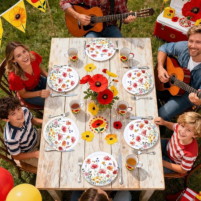 50Pcs Poppy Floral Party Supplies 9" Heavy Duty Watercolor Wildflowers Paper Plates Disposable Red Poppy Flowers Platter for Seasonal Bridal Shower Birthday Wedding Picnic Party Decorations