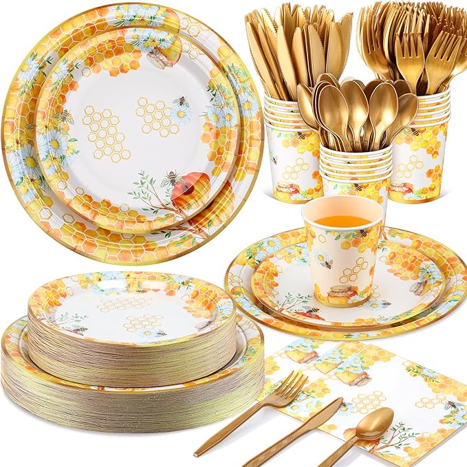 350 Pcs Tea Party Supplies Spring Summer Sage Green Sunflower Party Tableware Set Disposable Plates Napkins Paper Cups Plastic Cutlery Set For Birthday Bridal Baby Shower Serves 50(Bee)