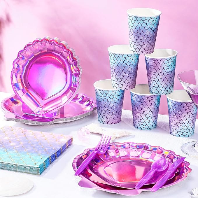 Cunhill 144 Pcs Iridescent Pink Mermaid Party Birthday Supplies Paper Tableware Hot Pink Purple Holographic Mermaid Plates Napkins Cups Spoons Fork Knives Under The Sea Dinnerware Set