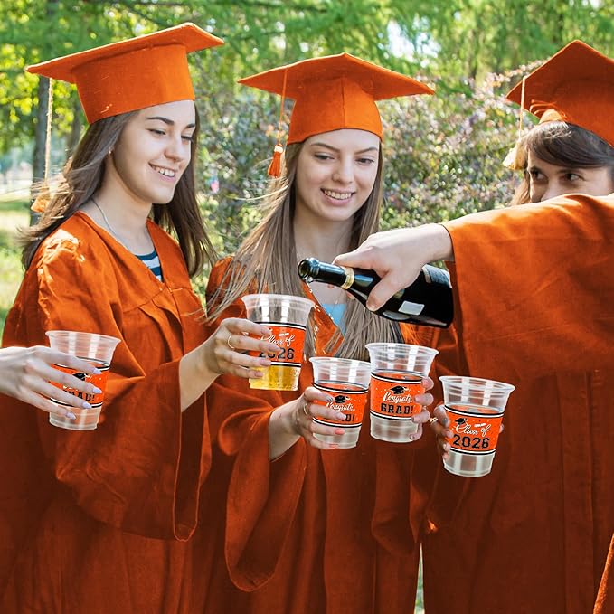 Gatherfun Class of 2026 Celebration - 100 Pcs 16oz Orange Graduation Plastic Cups for Sturdy & Durable Drinkware for Grad Festivities | Essential Graduation Party Supplies & Decorations