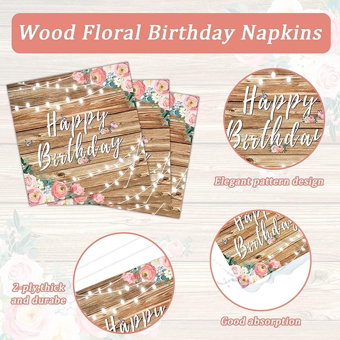 96PCS Spring Floral Birthday Party Plates Wood Grain Pink Flower Rustic Tableware Set for Girls Kids Bridal Shower Party Supplies Wooden Birthday Paper Plates Napkins Decorations for 24 Guests