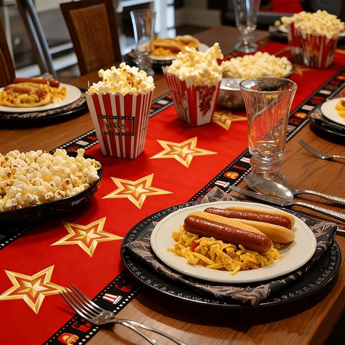 2 Pcs 13 x 72 Inch Movie Night Table Runner for Movie Night Decorations Supplies Birthday Party Decorations Movie Theme Party Decorations with Gold Star Design