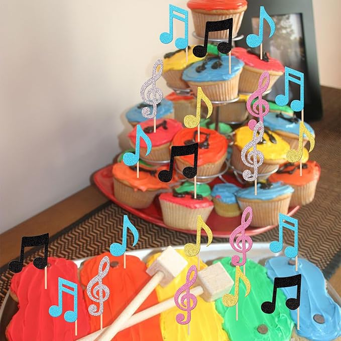 36 PCS Music Notes Cupcake Toppers Glitter Musical Symbol Cupcake Picks for Rock Music Concert Theme Baby Shower Wedding Birthday Party Cake Decorations Supplies Multi Color