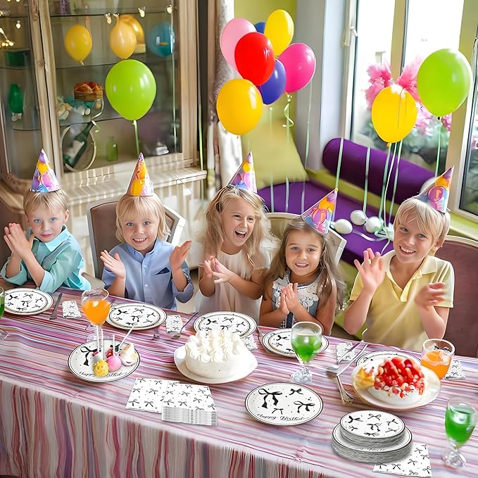 180Pcs Black Bow Birthday Party Supplies Paper Plates and Napkins Serve 60 Disposable Tableware Set for Birthday Party Decorations Game Day Family Holiday Sports Events