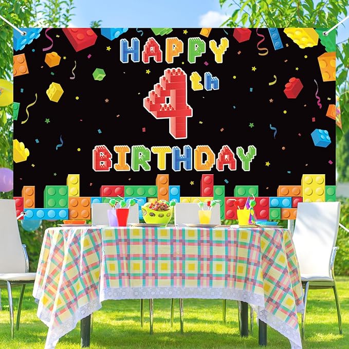 Panelee Building Block Birthday Banner Building Blocks Party Backdrop Decoration Happy Birthday Banner Photography Background for Party, 72.8 x 43.3 Inch (Black,4th)