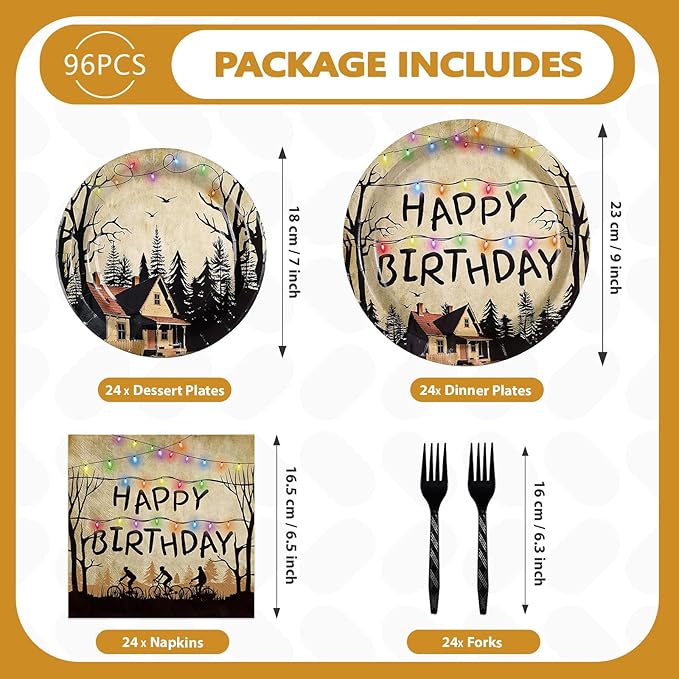 96Pcs Spooky Rustic Alphabet Decorations Retro Scary House Plates and Napkins Tableware Sets Retro Colorful Light Bulbs Party Decorations for Kids Birthday Stranger Party Supplies Serves 24