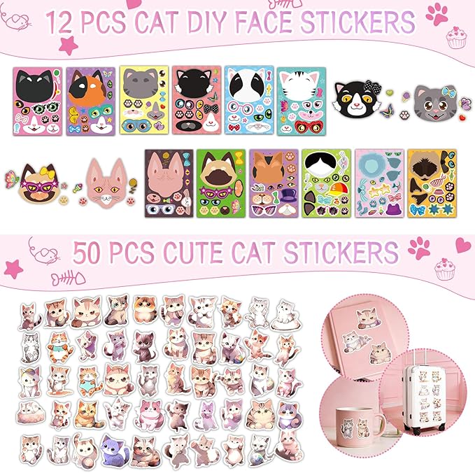 122PCS Cat Party Favors for Girls, Cat Themed Birthday Party Supplies With Goodie Bags Headband DIY Face Stickers Slap Bracelets Resin Cats, Cat Party Favors Easter Gifts Classroom Rewards for Kids