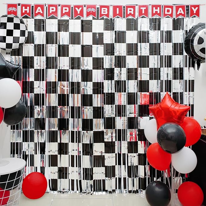 Race Car Birthday Party Decoration, 1 Pack Race Car Party Backdrop Photo Booth Prop, Black and Silver Checkered Fringe Curtains Tinsel Photo Streamers for One Happy Dude Race Car Theme Party Supplies