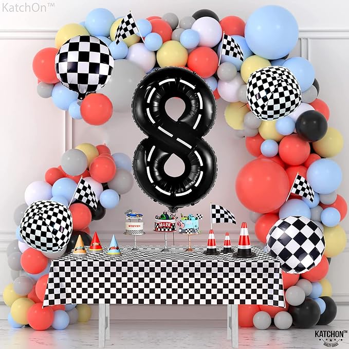 KatchOn, Giant Number 8 Check Balloon - 40 Inch | 8 Construction Balloon Decor | 8th Road Birthday Decorations | Number 8 Road Balloons for 8th Birthday Racing Decorations Boy