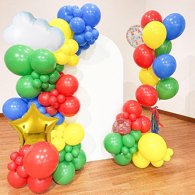 Red Yellow Blue Balloons, 12 Inch Red Yellow Blue Green Confetti Balloons with Cloud and Star Foil Balloon for Birthday Baby Shower Carnival Circus Party Decoration
