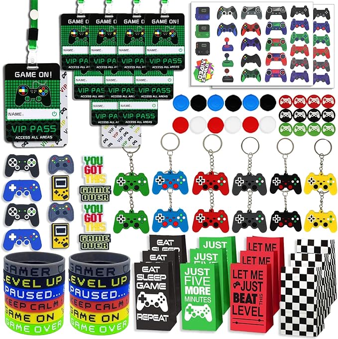 Bluegogo 146 Pcs Video Game Party Favors: VIP Passes Keychains Tattoo Stickers Shoe Charms Button Caps Bags for Gaming Party Favors