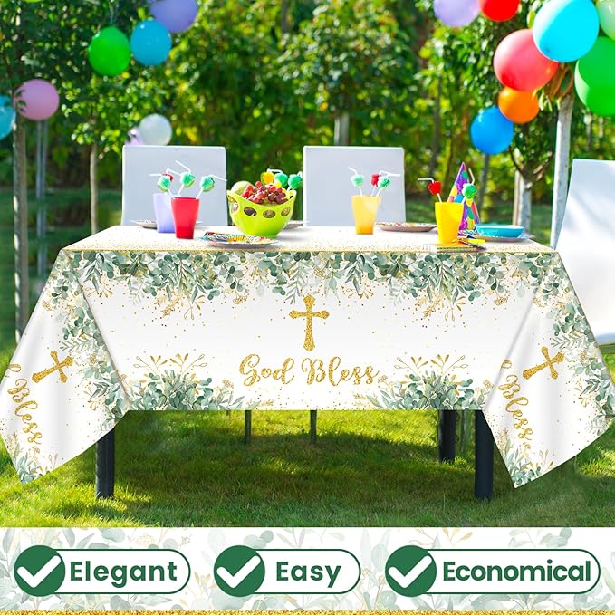 3Pcs God Bless Baptism Tablecloth First Communion Holy Tablecloth Decorations Mi Bautizo Christening Table Cover Disposable Tablecloths for Boys Girls Newborn Baby Shower Party Supplies 54 x 108 inch