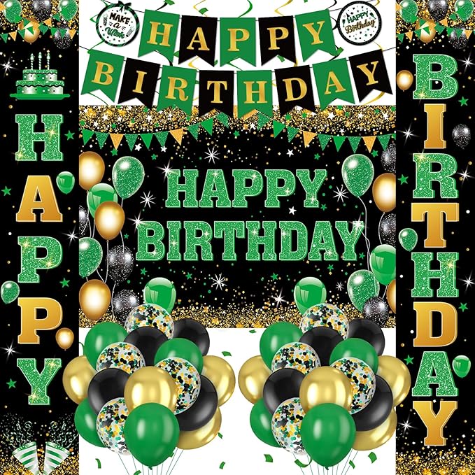 48Pcs Green and Black Birthday Decorations Black Green Gold Happy Birthday Party Supplies Happy Birthday Banner Backdrop Balloons Hanging Swirls for Women Men Boy Girls Birthday St. Patrick Day Party