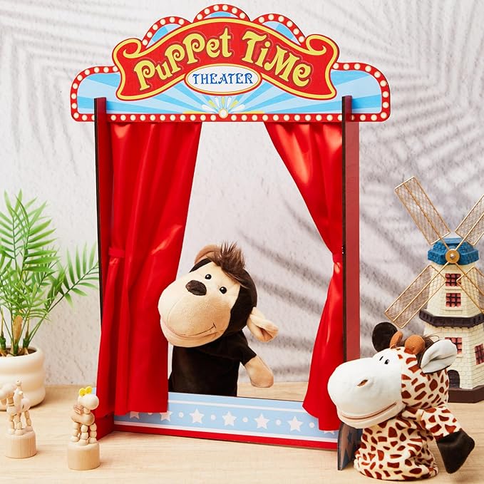 Wooden Tabletop Puppet Theater with Curtains, Puppet Show Stage, Imaginative Play Theatre, Inspires Imagination and Creativity, 17.7 x 5.9 x 22.1 Inches (Circus)