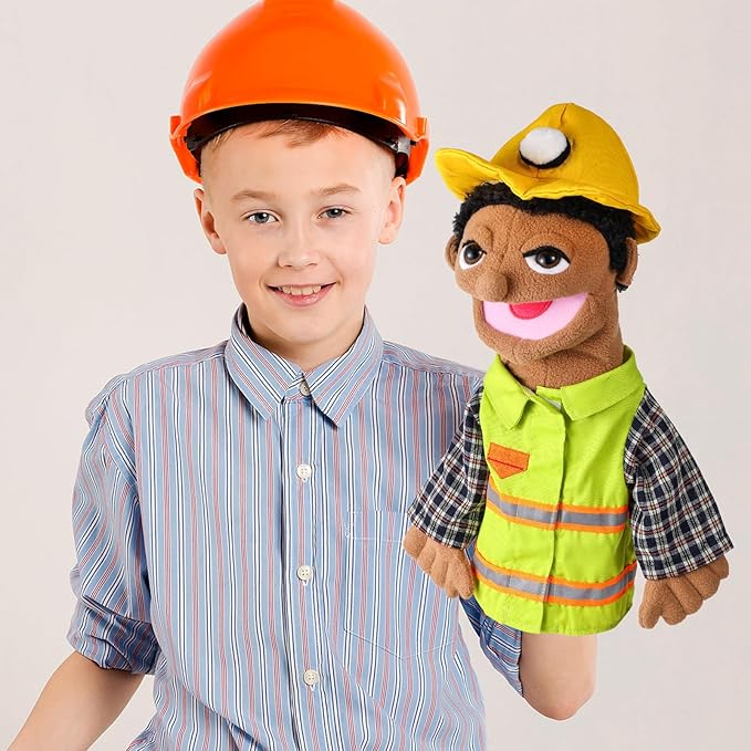 Role Play Hand Puppets Hand Plush Chef Doctor Fireman Pirate Detective Athlete Nurse Worker Hand Puppet Toys Puppets for Kids Storytelling Imaginative Pretend Play Teaching Preschool(Worker)