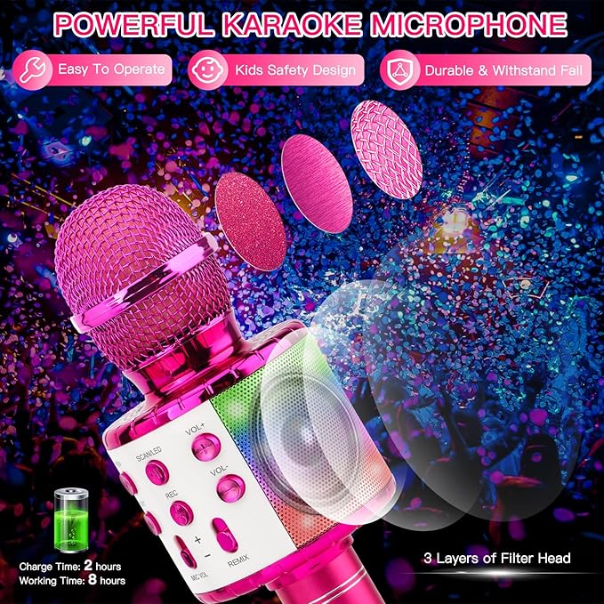 ShinePick Karaoke Microphone, 4 in 1 Wireless Microphone with LED Lights Handheld Portable Karaoke Machine, Home KTV Player, Compatible with Android & iOS Devices(Purple)