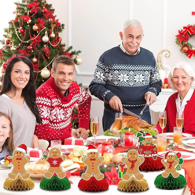 10 Pcs Christmas Honeycomb Centerpieces Gingerbread Christmas Table Centerpiece Gingerbread Decorations for Winter Holiday Merry Xams Party Favor Supplies