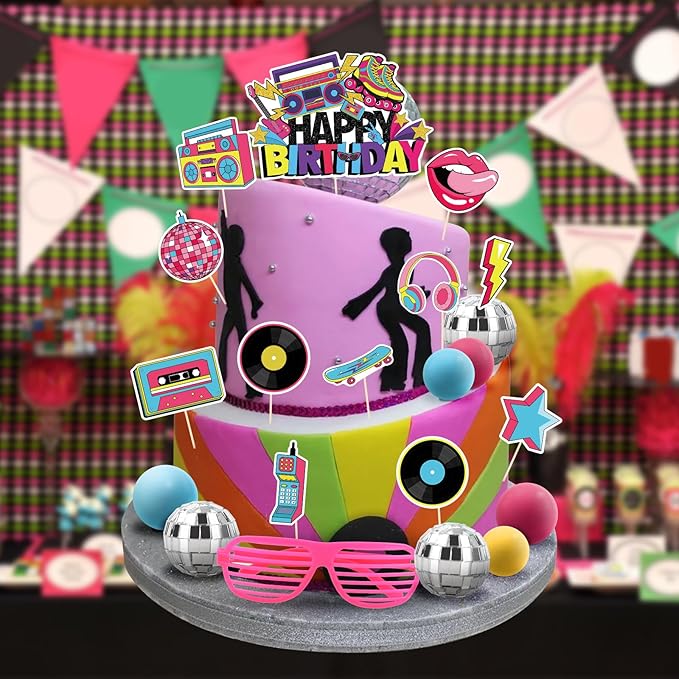 Hooqict 26 PCS 80s Cake Decorations 80s 90s Cake Toppers Retro 1980s Hip Hop Cake Decorations with Glitter Balls Cupcake Toppers for Neon Throwback Birthday Party Supplies