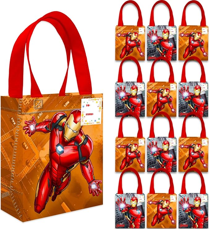 Iron Man Party Favor Bags Set – 12 Pack 8" Marvel Goodie Bags for Kids Bulk Reusable Mini Totes | Avengers Iron Man Birthday Party Supplies