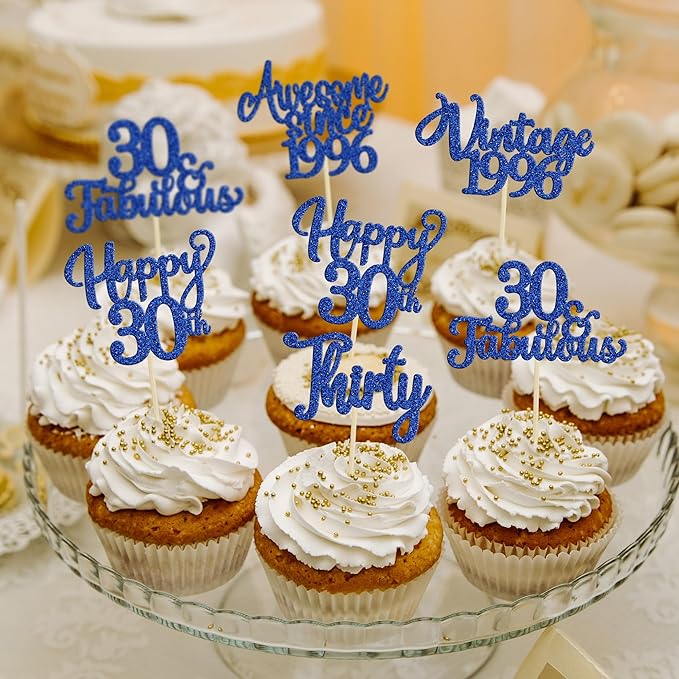 Ephlyn 30Pcs Happy 30th Birthday Cupcake Toppers Glitter Thirty Vintage 1996 Cupcake Picks Cheers to 30 Fabulous Cake Decorations for 30th Birthday Wedding Anniversary Party Supplies Dark Blue