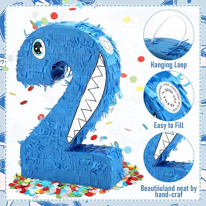 Blue Number 2 Piñata Shark Cartoon Party Decoration Summer Ocean Themed Piñata with Blindfold Bat and Round Confetti Shark 2nd Birthday Decor for Celebration Supply