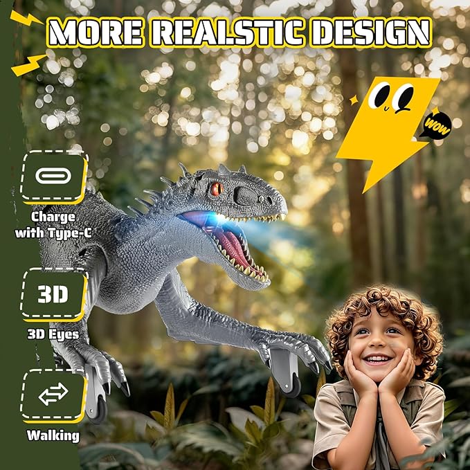 Dinosaur Toys for Kids, 2.4GHz Remote Control Dinosaur with Walking, Swingable Body, Realistic Sounds, Demo Mode, Rechargeable Jurassic Toys for 3-5, 5-7, 8-12, Birthdays, Parties, Christmas Day