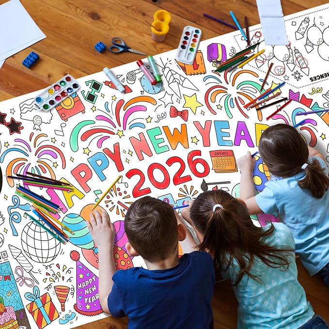 Gatherfun Giant Coloring Poster for Classroom Wall - Versatile 31.5 x 72 Inches Happy New Year Activity Poster/Table Cover, School Parties, Happy New Year Party and Special Events Decoration