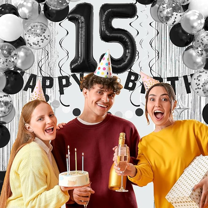 15th Birthday Decorations for Boys Girls, Silvery and Black Happy 15th Birthday Banner ,Number 15 Balloons Arch Kit for 15 year old Birthday Party Decorations