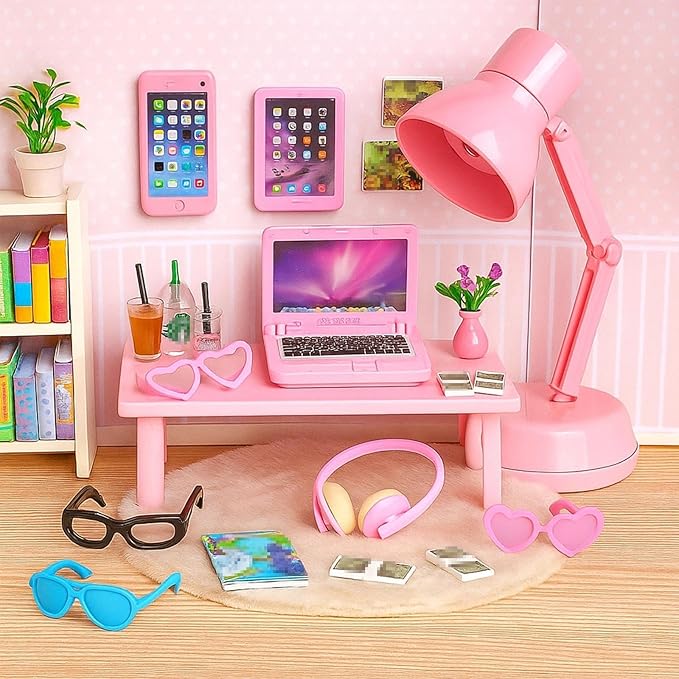 20Pcs Dollhouse Miniature Laptop Computer Tablet Phone Lamp Book Glasses Coffee Headset Simulation Accessories 1/12 1/6 Toy Pad Play Set Fits Barbie Doll Girl Mini Drink Party Office (Pink)