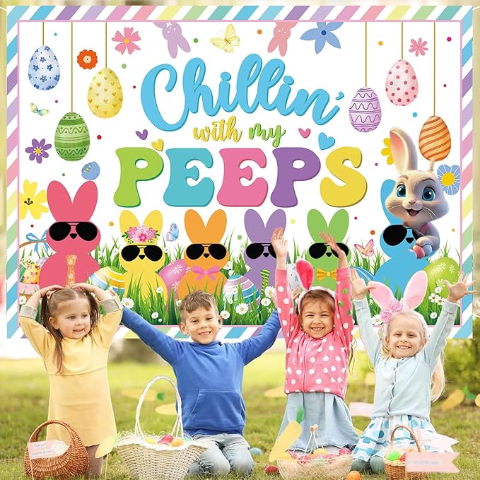 Chillin with My Peeps Banner Backdrop 7x5FT Bunny Happy Easter Peeps Background Spring Party Decorations Supplies Photo Props