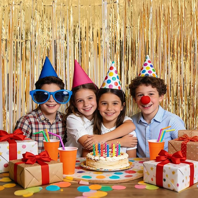 Gold Foil Fringe Backdrop Curtains 2 Pack 3.3x8.2 Ft Tinsel Streamer Fringe Backdrop Door Streamers for New Years Eve Decoration Graduation Birthday Baby Shower Gender Reveal Disco Party