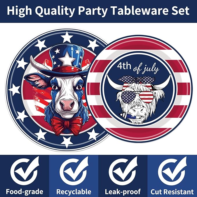 Highland Cow Patriotic Party Supplies - 96PCS Plates and Napkins Tableware Disposable Dinnerware Serve 24 Guests American Flag Patriotic 4th of July Memorial Veterans Day Party Decorations Supplies