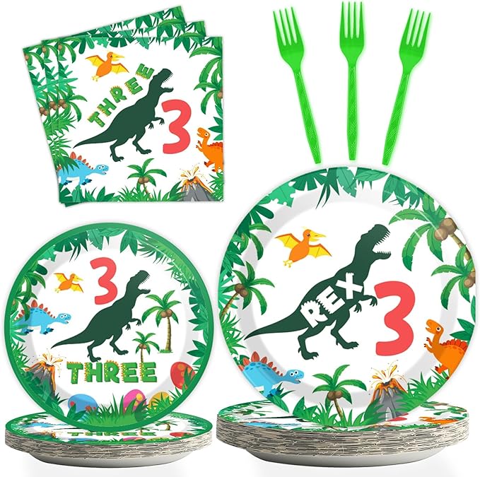 96 Pieces Dinosaur 3rd Birthday Supplies for 3 Rex Birthday Tableware Set 3 T-Rex Dinner Disposable Plates 3 Year Old Party Plates Napkins Forks For Boys Kids Three Dino-Rex Party Favor 24 Guests