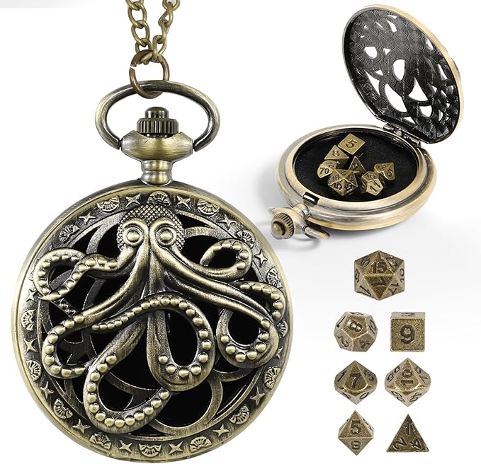D&D Dice Set,7PCS Metal Dice for Dungeons and Dragons,Mini Dice Set with Pocket Watch Case,Role Playing Board Games Accessories (Octopus, Bronze)