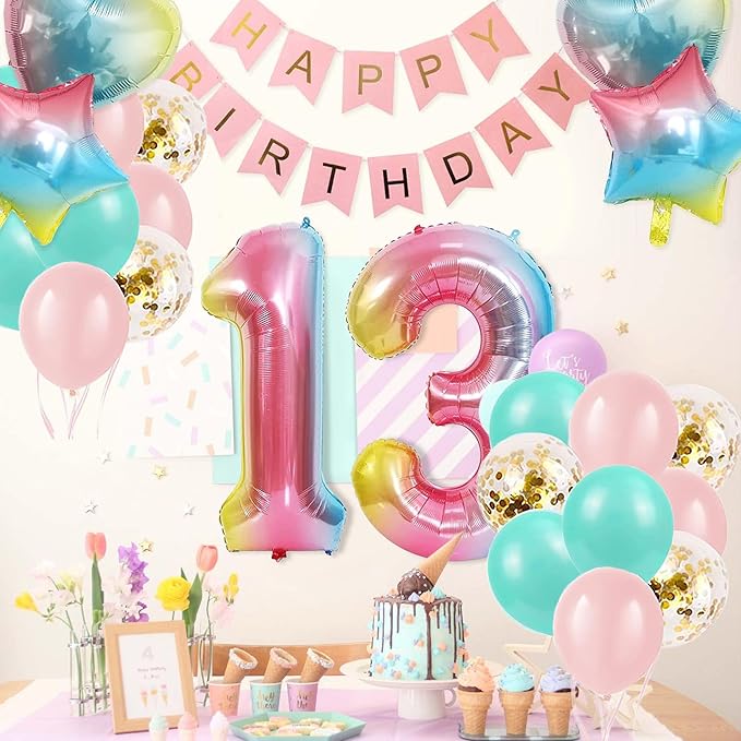 13th Birthday Decorations for Girls Gradient color Age 13 Birthday Balloons with Happy Birthday Banner for Baby Showers Thirteenth Birthday Party Supplies for Girls Boys (13th-Birthday)