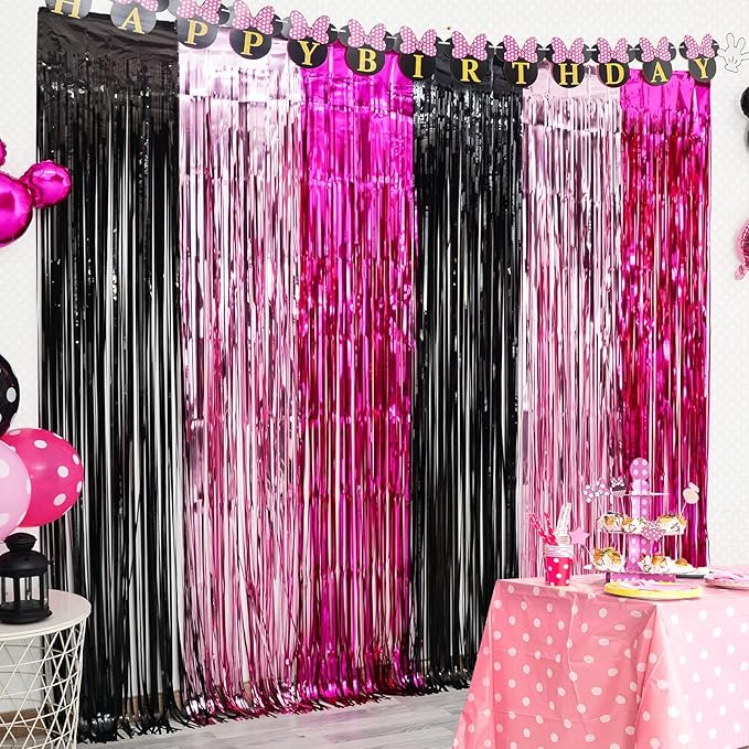 LOLStar 3 Pack Cartoon Mouse Birthday Party Supplies,3.3x6.6 ft Black Pink Fuchsia Tinsel Foil Fringe Curtains,Cartoon Mouse Photo Booth Prop Streamer Backdrop, Kawaii Party Decoration for Girls Baby