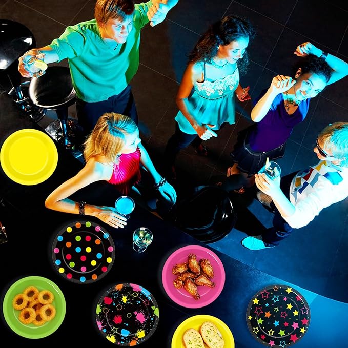 60Pcs Neon Birthday Party Plates Glow in the Dark Disposable Paper Dessert Plates for Neon Glow Birthday Decorations Party Tableware Set for Kids Back to 80S 90S Blacklight Baby Shower Supplies