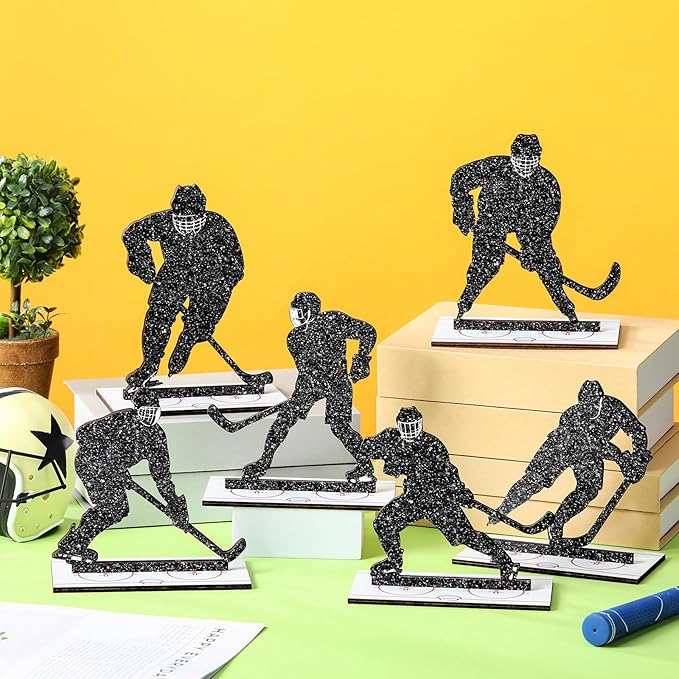 6 Pcs Hockey Party Table Decoration Wooden Sports Table Sign Glitter Ice Hockey Players Silhouette Centerpieces Ice Puck Tiered Tray Decor for Fans Club Sport Birthday Tailgate Party Supplies