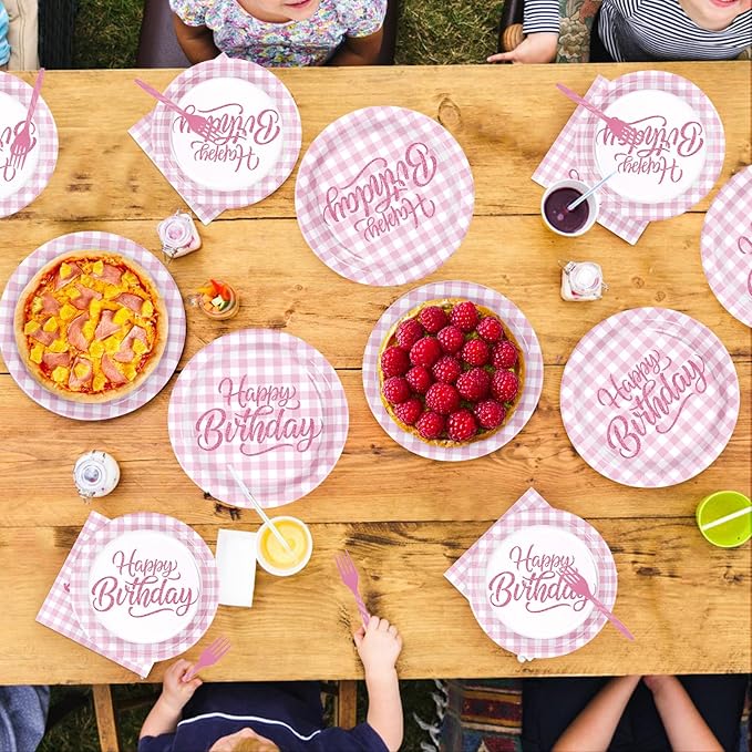 96Pcs Pink Gingham Birthday Decorations Pink and White Checkered Plates and Napkins Plaid Birthday Decoration Favors for Girl Women Christmas Bday Baby Shower Holiday Picnic Party Supplies Serves 24